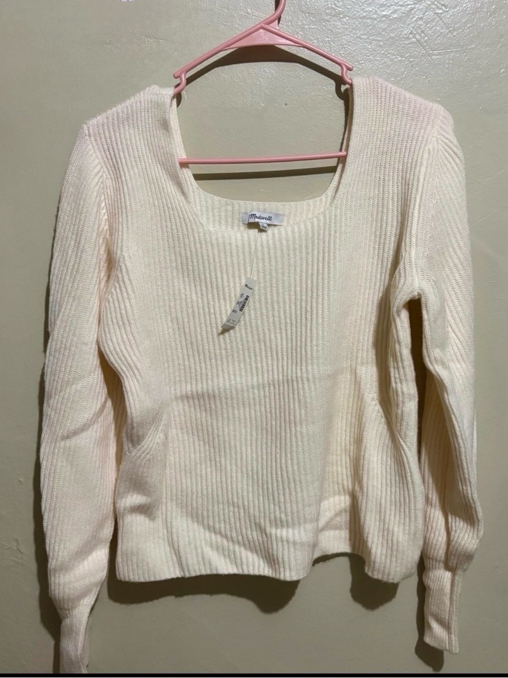 NEW Wool & Cashmere Square-Neck Pullover Knit Sweater Sz Large Ivory/White